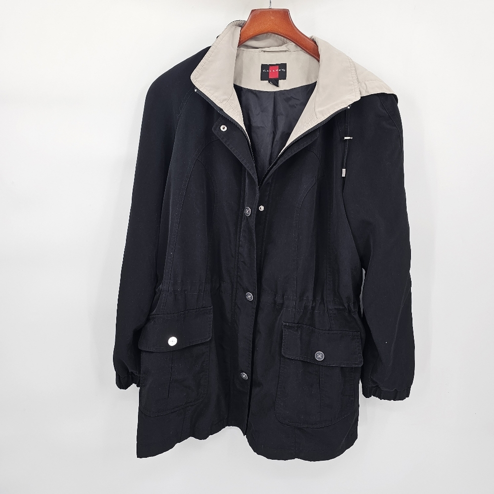 Gallery Classic Black/Tan Lightweight Fall Jacket Women's Cinched Waist SZ L